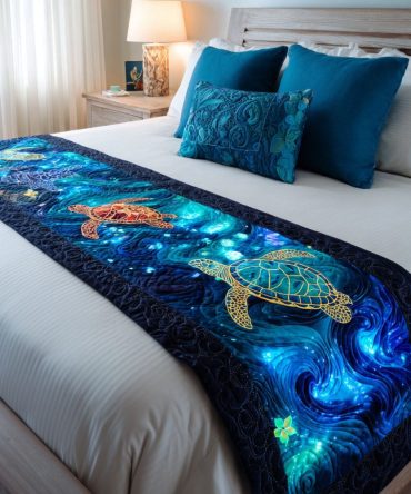 Aqua Nomad Quilted Bed Scarf — Bold Aqua-Toned Bed Runner For Boho & Coastal Bedrooms, Reversible, Durable Quilting, Easy Care