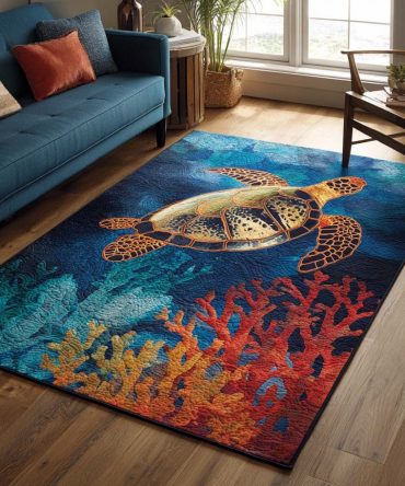 Aqua Turtle Area Rug — Playful Sea Turtle Design In Ocean Blues, Durable Kid-Friendly Rug For Bedrooms & Playrooms