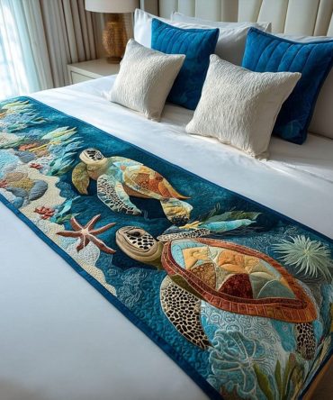 Aquatic Adventurer Quilted Bed Runner — Ocean Explorer Design With Marine Life Embroidery, Cotton Accent For Coastal Bedrooms