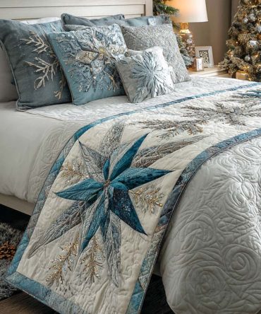 Arctic Star Quilted Bed Scarf - Icy Blue Snowflake Bed Runner For Winter Bedding, Lightweight Warmth & Machine Washable