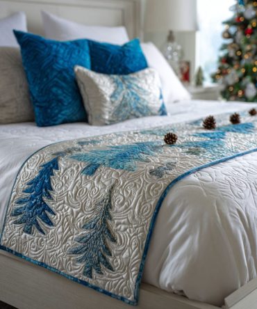 Arctic Trees Quilted Bed Runner — Scenic Winter Forest Bedding Accent For Cozy Bedrooms, Cabin & Holiday Home Styling