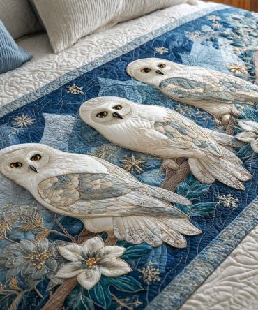 Arctic Watch Quilted Bed Runner — Cool Blue Polar Motif Accent Throw For Queen & King Beds, Crisp Modern Bedroom Style