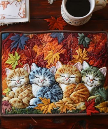 Autumn Cozy Cat Quilted Placemat — Warm Fall Table Mat with Cat Motif, Insulated & Machine-Washable for Everyday Dining