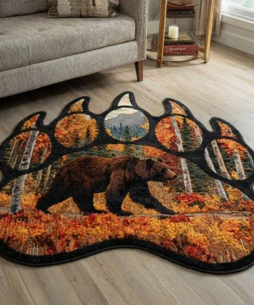 Autumn Bear Custom Cutout Rug - Fall-Themed Bear-Shaped Kids Rug For Nursery, Playroom & Seasonal Décor With Non-Slip Backing