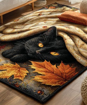 Autumn Cat Decorative Area Rug — Soft Fall Kitty Motif Rug For Living Room, Bedroom, Pet-Friendly Durable Floor Mat