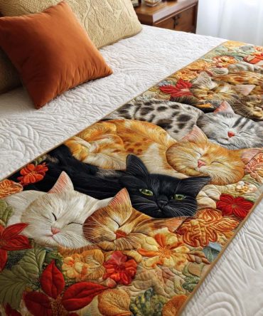 Autumn Cats Quilted Bed Runner — Cozy Fall Feline Motif, Rustic Quilted Decorative Runner For Seasonal Bedroom Styling, Reversible & Washable