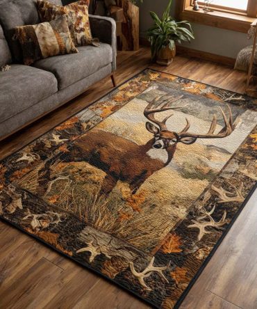 Rustic Fall Deer Area Rug — Nature-Inspired Autumn Deer Design Rug, Durable Low-Pile Floor Accent For Cabin & Living Room