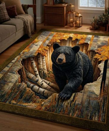 Autumn Forest Bear Rug — Cozy Woodland Bear Area Rug, Durable Fall Decorative Floor Covering For Cabin, Living Room & Entry