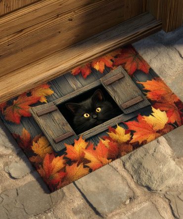 Autumn Gaze Fall Welcome Mat — Elegant Seasonal Doormat With Leaves & Cat Silhouette For Porch, Entryway & Cozy Home Décor Accents