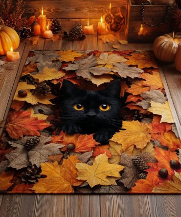 Autumn Leaf Cat Decorative Rug — Leaf & Cat Motif Fall Area Rug, Soft Durable Seasonal Accent For Living Rooms & Pet Areas