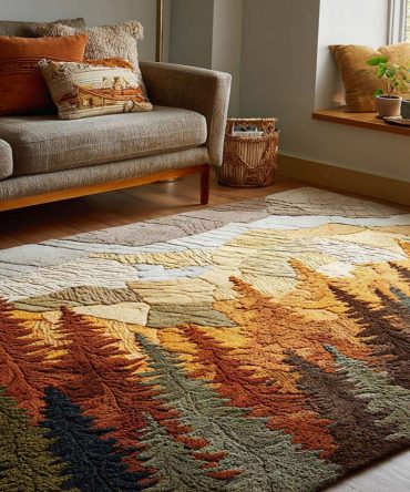 Autumn Pines Landscape Rug — Evergreen & Pine Motif Fall Area Rug, Durable Low-Pile Floor Accent For Rustic & Modern Home Decor