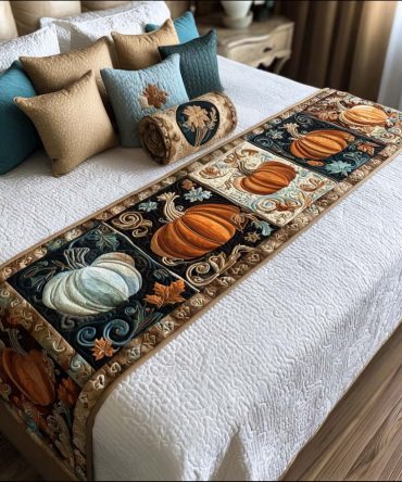 Autumn Pumpkin Parade Quilted Bed Runner — Festive Fall Bed Scarf For Queen & King Beds, Harvest Collection Accent, Cozy & Machine Washable