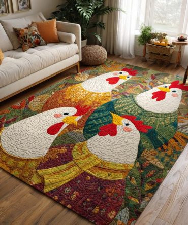 Autumn Roosters Farmhouse Rug — Rustic Rooster & Fall Motif Area Rug, Durable Low-Pile Decorative Floor Covering For Kitchen & Entry
