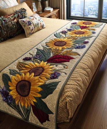 Autumn Sunflower Quilted Bed Runner — Fall Floral Decorative Bed Scarf For Queen & King Beds, Warm Tones & Machine Washable — Seasonal Accent