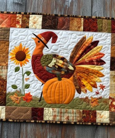 Autumn Sunflower Turkey Quilted Placemat - Warm Fall Colors Cotton Blend, Dining Table Accent, Heat-Resistant & Machine Washable