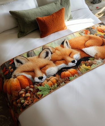Autumn Tails Quilted Bed Runner — Playful Fall Animal Motif Accent Throw, Soft Quilted Runner For Seasonal Home & Cabin Styling