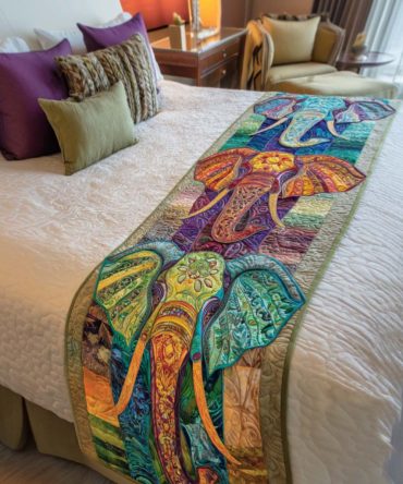 Azure Elephant Quilted Bed Runner — Ocean-Blue Cotton Bed Scarf For Queen & King, Coastal-Boho Accent With Intricate Motifs, Reversible & Washable