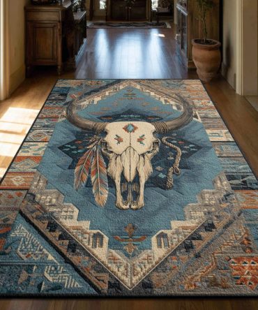 Azure Longhorn Spirit Area Rug — Bold Southwestern Bull Design, Durable Accent Rug For Living Room, Ranch & Lodge Décor