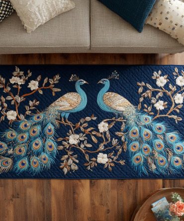 Azure Peacock Pair Area Rug — Elegant Dual-Peacock Design, Luxury Blue Accent Rug For Dining Room, Living Room Or Foyer