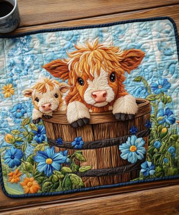 Baby Highland Duo Quilted Placemat - Adorable Calf & Highland Cow Table Mat for Cozy Country Kitchens