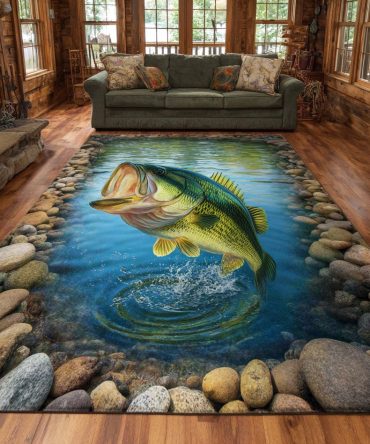Bass Haven Area Rug — Nautical Bass Fish Design, Coastal-Inspired Area Rug For Living Room, Cottage Or Fishing Cabin Décor