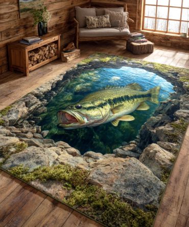 Bass Hollow Area Rug — Rustic Lakehouse Bass Design, Durable Low-Pile Accent Rug For Cabin, Entryway Or Den Décor