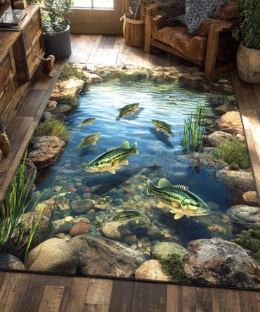 Bass Lagoon Area Rug — Tranquil Lagoon Fish Rug, Coastal & Cabin Accent With Durable Weave And Non-Slip Backing For High-Traffic Areas