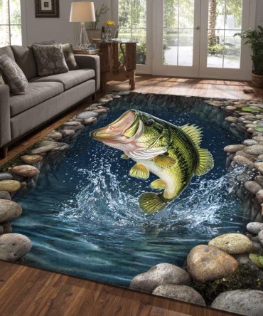 Bass Splash Area Rug — Dynamic Fish Splash Design, Waterproof-Friendly Accent Rug For Kitchens, Mudrooms, And Lakeside Homes