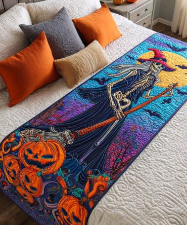 Bat Whisper Quilted Bed Runner — Spooky Chic Bedroom Accent, Halloween Bat Motif Quilted Scarf For Dramatic Decor