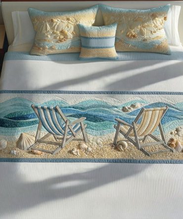 Beach Song Quilted Bed Scarf — Serene Coastal Wave Bed Runner Accent, Reversible Cotton-Blend Throw For Nautical & Beach Bedrooms, Easy Care