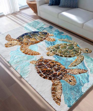 Sea Turtle Beach Area Rug — Coastal Turtle Accent Rug For Kids Room, Beach House & Patio; Durable, Decorative Nautical Floor Covering