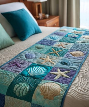 Coastal Luxury Quilted Bed Scarf — Beach-Inspired Decorative Bed Runner For Hotel-Style Bedrooms, Machine-Washable