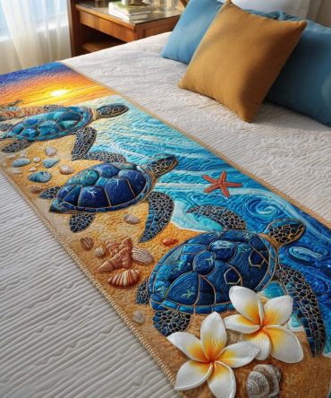 Beach Turtle Quilted Bed Runner — Tropical Coastal Bedding Accent, Soft Cotton-Blend Throw, Easy Care For Queen & King Beds