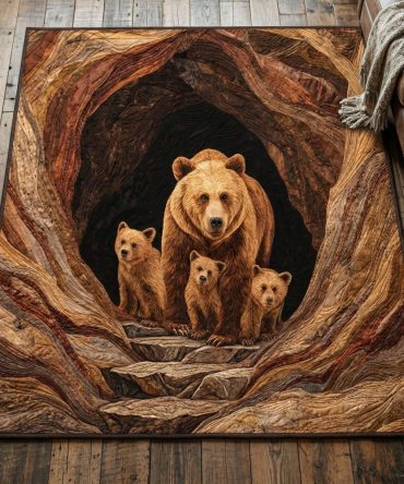 Bear Family Den Area Rug — Rustic Cabin Accent Rug With Bear Motif For Living Room, Den & Kids Space; Durable, Cozy Floor Covering