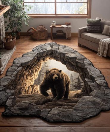 Bear Cave Custom Shape Rug — Unique Bear-Shaped Area Rug For Lodge, Cabin Or Kids Room; Wildlife Accent Floor Mat For Rustic Home Decor