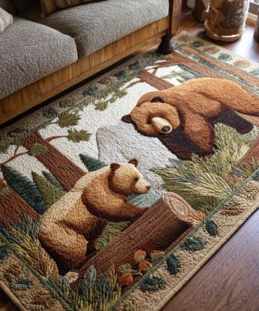Bear Family Area Rug — Cozy Cabin & Nursery Accent Rug With Wildlife Motif; Durable, Soft Area Rug For Living Room, Kids Room & Entryway