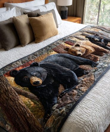 Bear Haven Quilted Bed Runner — Rustic Woodland Accent Runner, Cozy Quilted Bed Scarf For Cabin & Lodge Bedrooms (Queen/King)