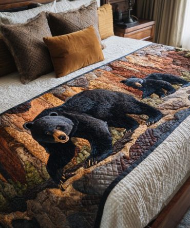 Bear Journey Quilted Bed Scarf — Adventure-Inspired Wildlife Bed Runner Accent, Reversible Cotton-Blend Throw For Rustic & Cabin Bedrooms, Easy Care