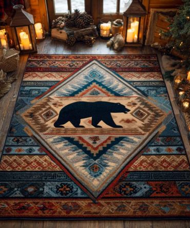 Ridge Emblem Bear Area Rug – Heritage-Style Lodge Rug With Timeless Pattern, Durable Low-Pile Weave For Everyday Use