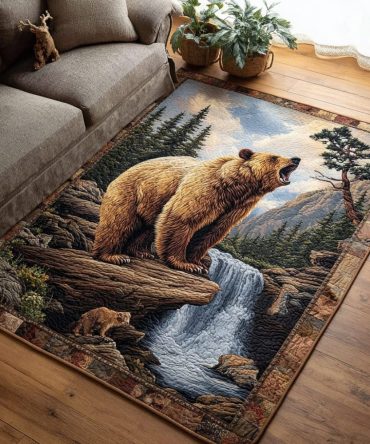 Rustic Bear Trail Lodge Area Rug — Durable Low-Pile Cabin Accent Rug For Living Room, Entryway & Cabin Decor, Machine-Washable Options