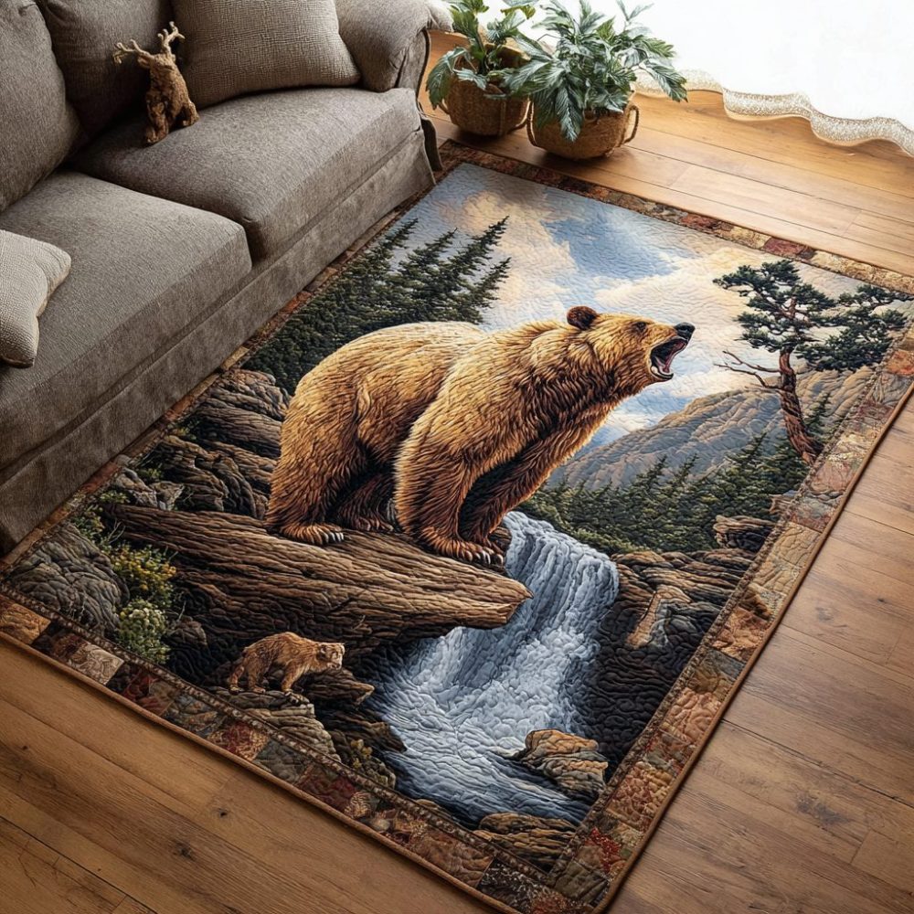 Rustic Bear Trail Lodge Area Rug — Durable Low-Pile Cabin Accent Rug For Living Room, Entryway & Cabin Decor, Machine-Washable Options
