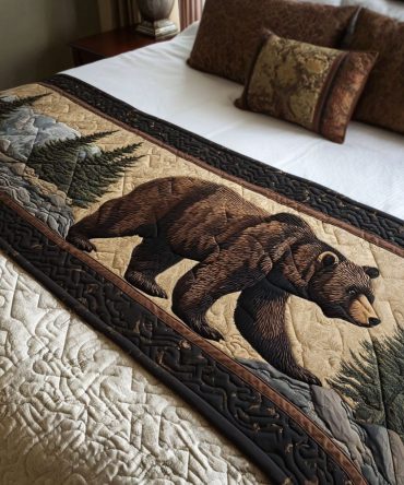 Bear Of The North Quilted Bed Runner — Nordic Bear Cotton Throw For Rustic & Modern Cabins , Warm, Reversible, Machine-Washable Design