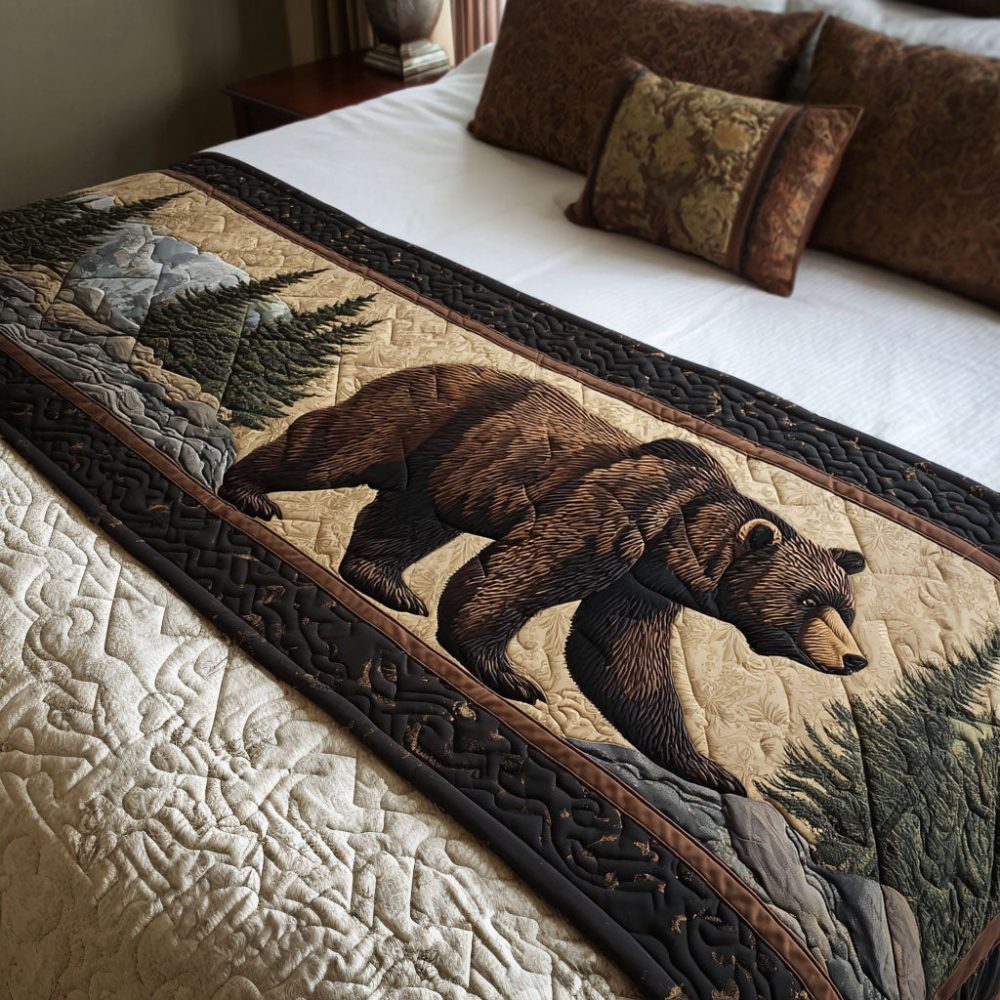Bear Of The North Quilted Bed Runner — Nordic Bear Cotton Throw For Rustic & Modern Cabins , Warm, Reversible, Machine-Washable Design