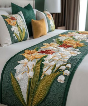 Elegant Bellflower Quilted Bed Runner — Luxury Floral Bedroom Accent, Soft Cotton Blend, Machine Washable