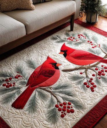 Berry Cardinal Botanical Area Rug — Vibrant Floral & Bird Accent Rug For Dining Room, Bedroom Or Sunroom, Durable Low-Pile Design