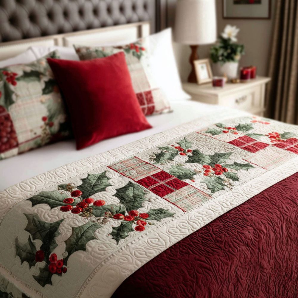 Berry Cottage Lane Quilted Bed Runner — Warm Berry-Toned Bedding Accent For Country, Cottage & Seasonal Bedroom Refreshes