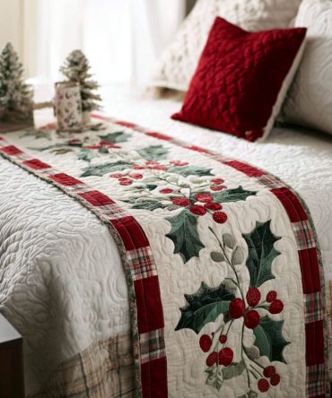 Berry Evergreen Quilted Bed Runner — Festive Green & Red Bedding Accent With Holiday Berry Pattern For Cozy Seasonal Rooms