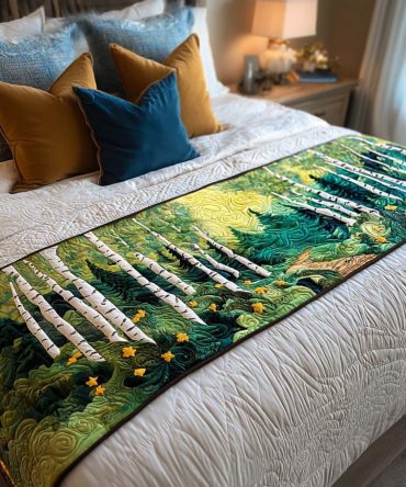 Birch Forest Quilted Bed Runner — Woodland Cotton Throw With Neutral Tones, Rustic Chic Accent For Cozy Bedrooms