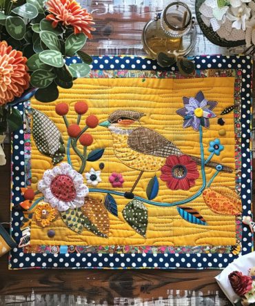 Birds in Bloom Quilted Placemats — Floral & Avian Table Sets, Padded Cotton Protection, Elegant Spring Motifs, Machine-Washable & Fade-Resistant