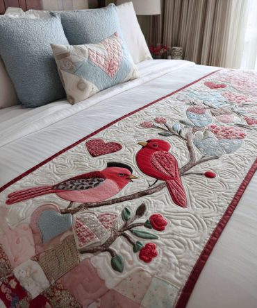 Botanical Birdsong Quilted Bed Runner — Garden Floral Bed Scarf For Stylish Bedding, Quilted Accent Layer To Elevate Bedroom Decor